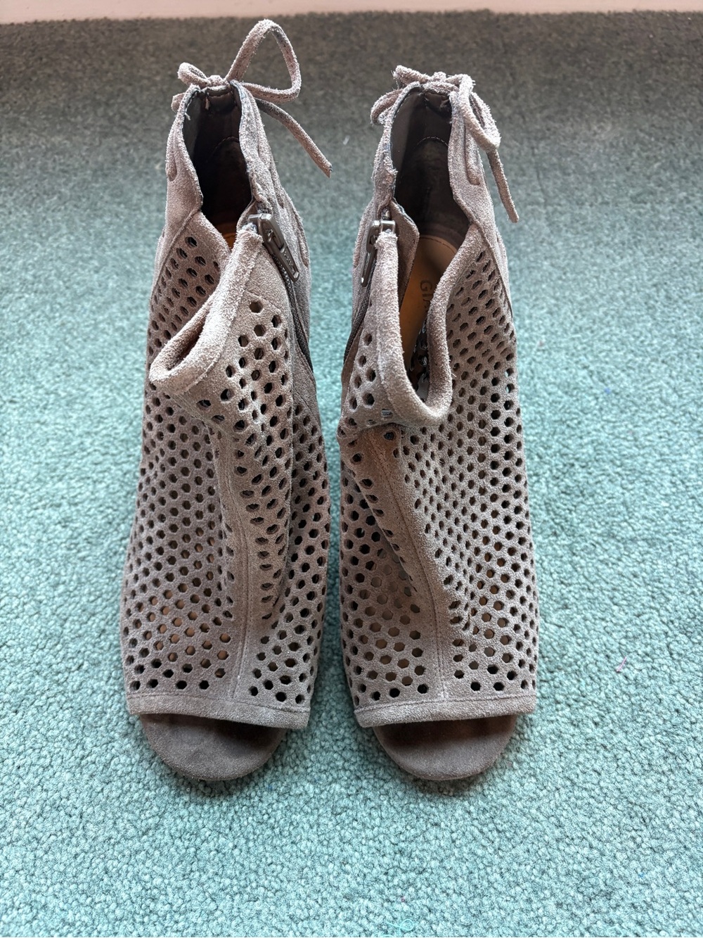 Gianni Bini Taupe Perforated Peep-Toe Ankle Heels